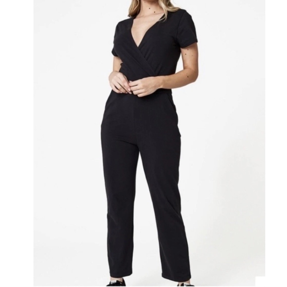 Pact Jumpsuit Womens Large Dark Gray Excellent Organic Cotton Surplice V-Neck